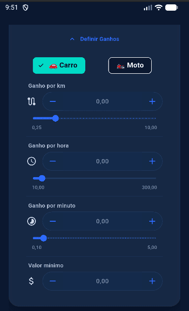 Definir Ganhos no DriveFlow — ganho por km, hora, minuto e valor mínimo