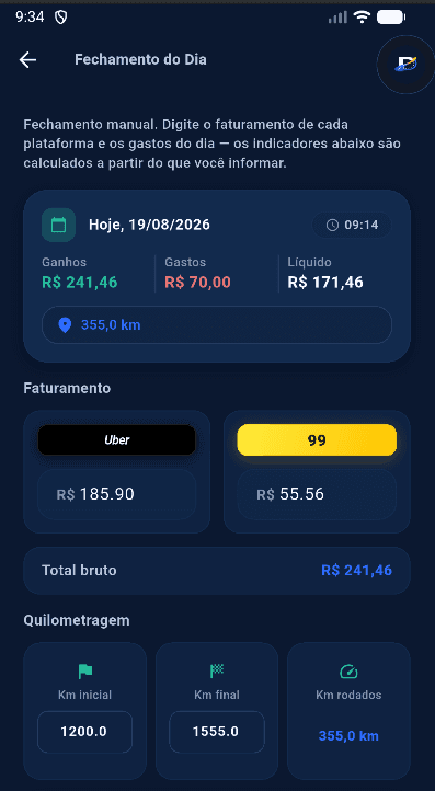 Fechamento do Dia no DriveFlow — faturamento, gastos e lucro