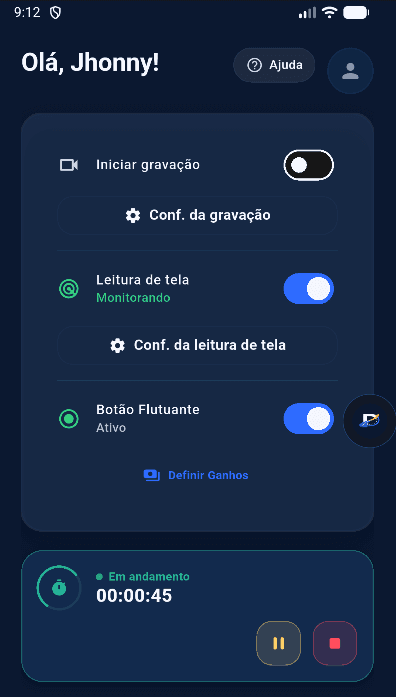 Home do DriveFlow — leitura de tela, botão flutuante e jornada de trabalho