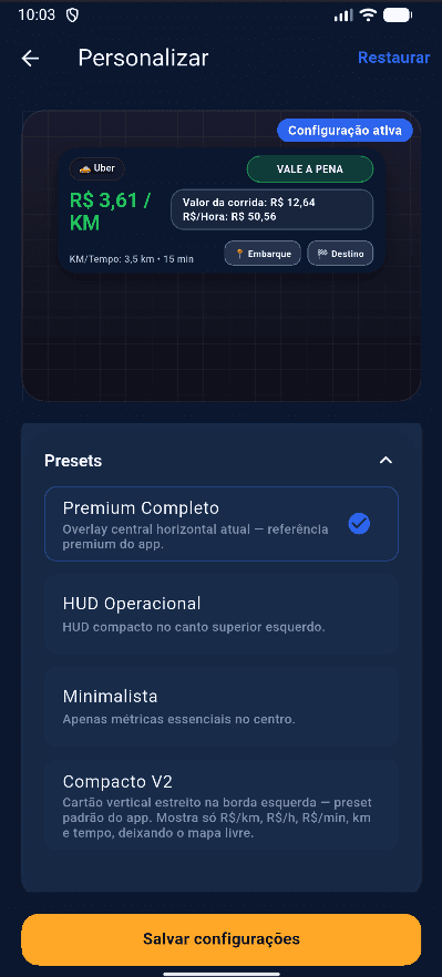 Personalizar indicador na tela do DriveFlow — presets e o que aparece sobre a oferta