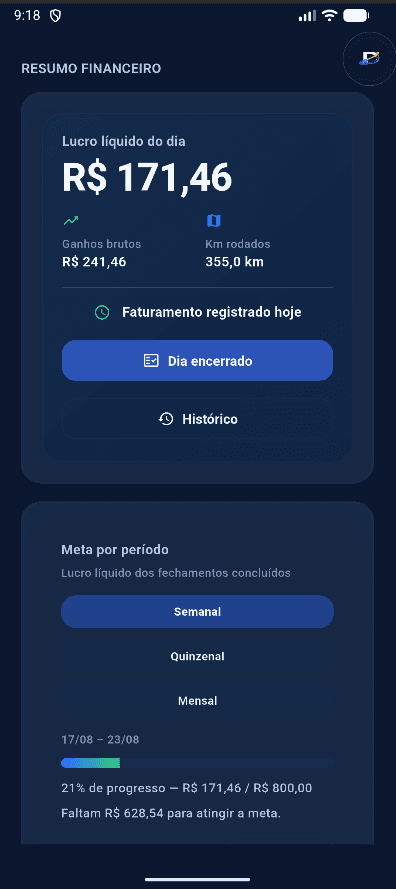 Resumo financeiro do DriveFlow — lucro do dia, faturamento e meta