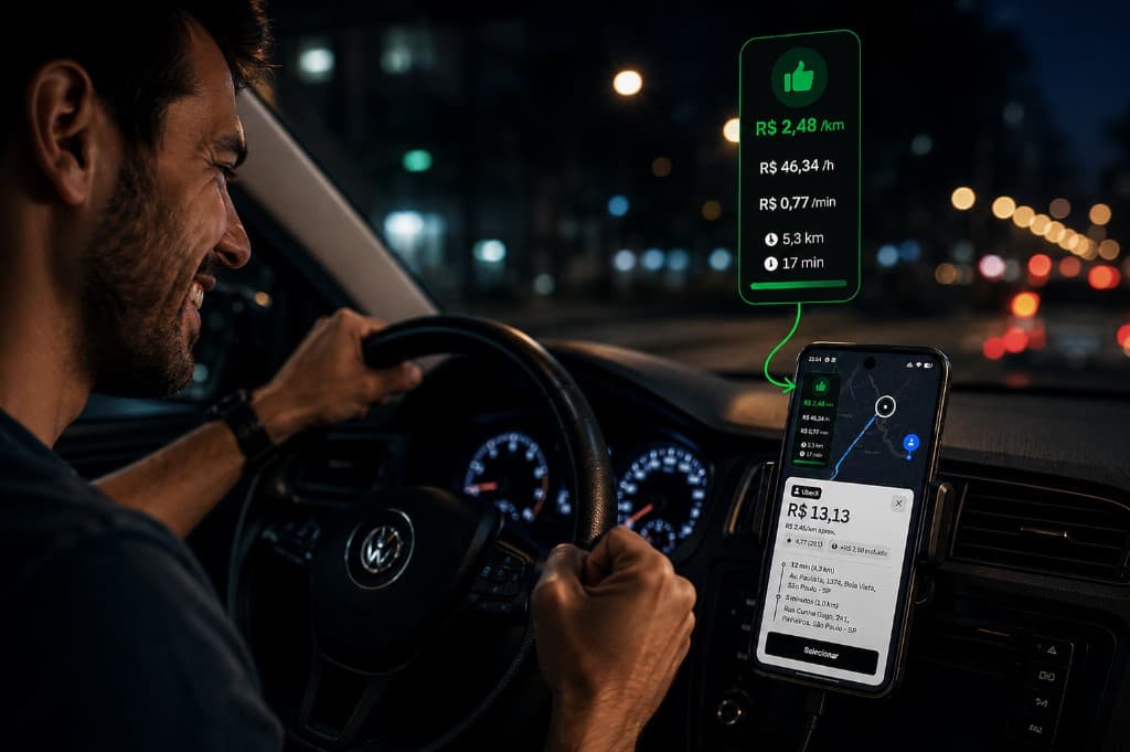 Motorista decidindo com clareza — números da corrida à vista no DriveFlow