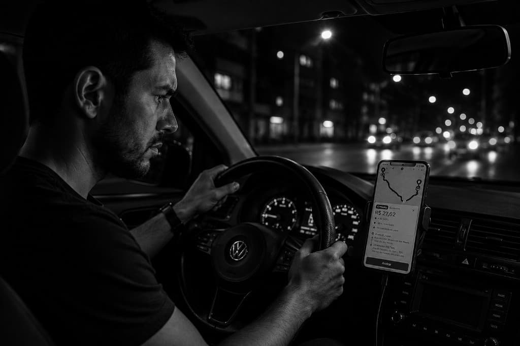Motorista no carro à noite decidindo uma corrida no achismo, só com a oferta na tela
