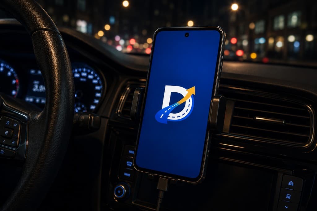 DriveFlow no celular, no suporte do carro — aplicativo Android para motoristas