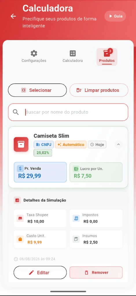 Calculadora SellerFlow no Android — preço de venda e lucro líquido por produto