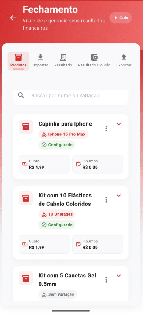 Produtos do fechamento no SellerFlow — importados da planilha Shopee com custo e insumos