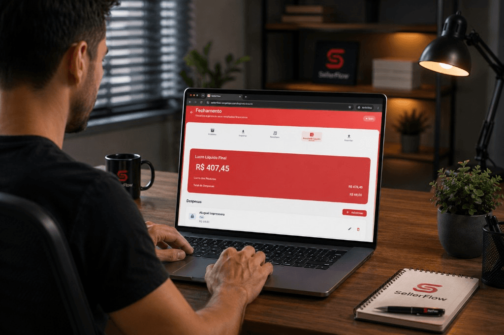 SellerFlow ERP Web no desktop — fechamento com lucro líquido e despesas no computador