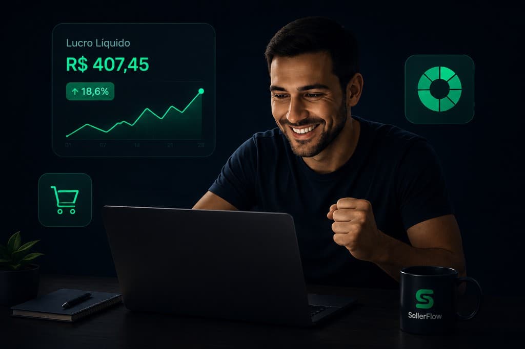 Vendedor confiante com lucro líquido e métricas sob controle no SellerFlow