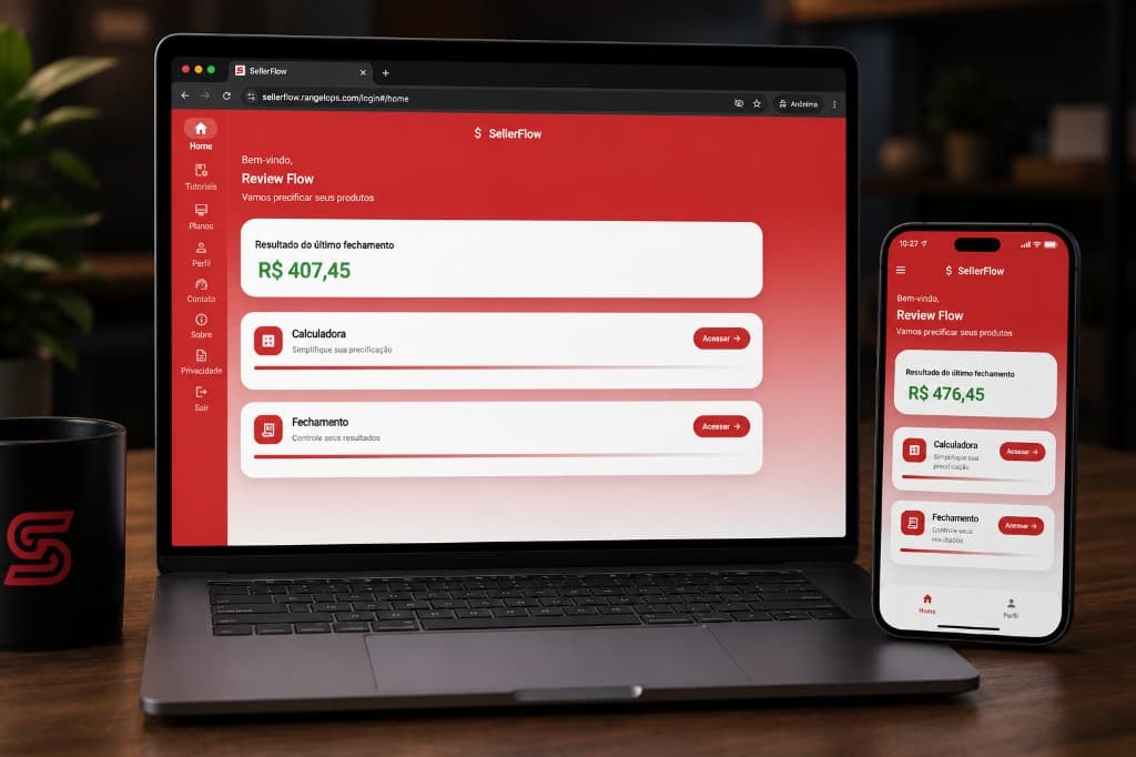 SellerFlow no notebook e no celular — Android e ERP Web na mesma conta